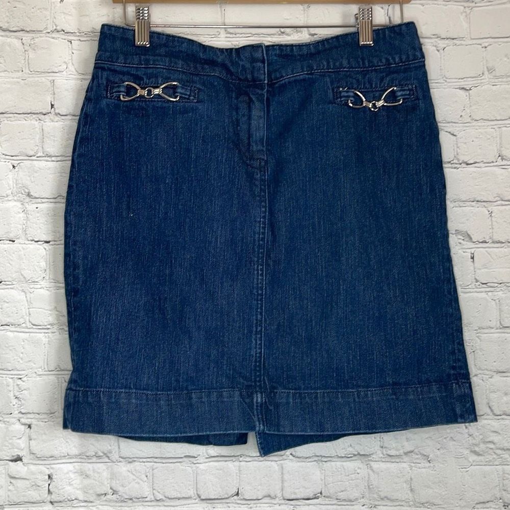 New York & Company Women’s Dark Wash Midi Jean skirt size‎ 10 Metal Pockets
